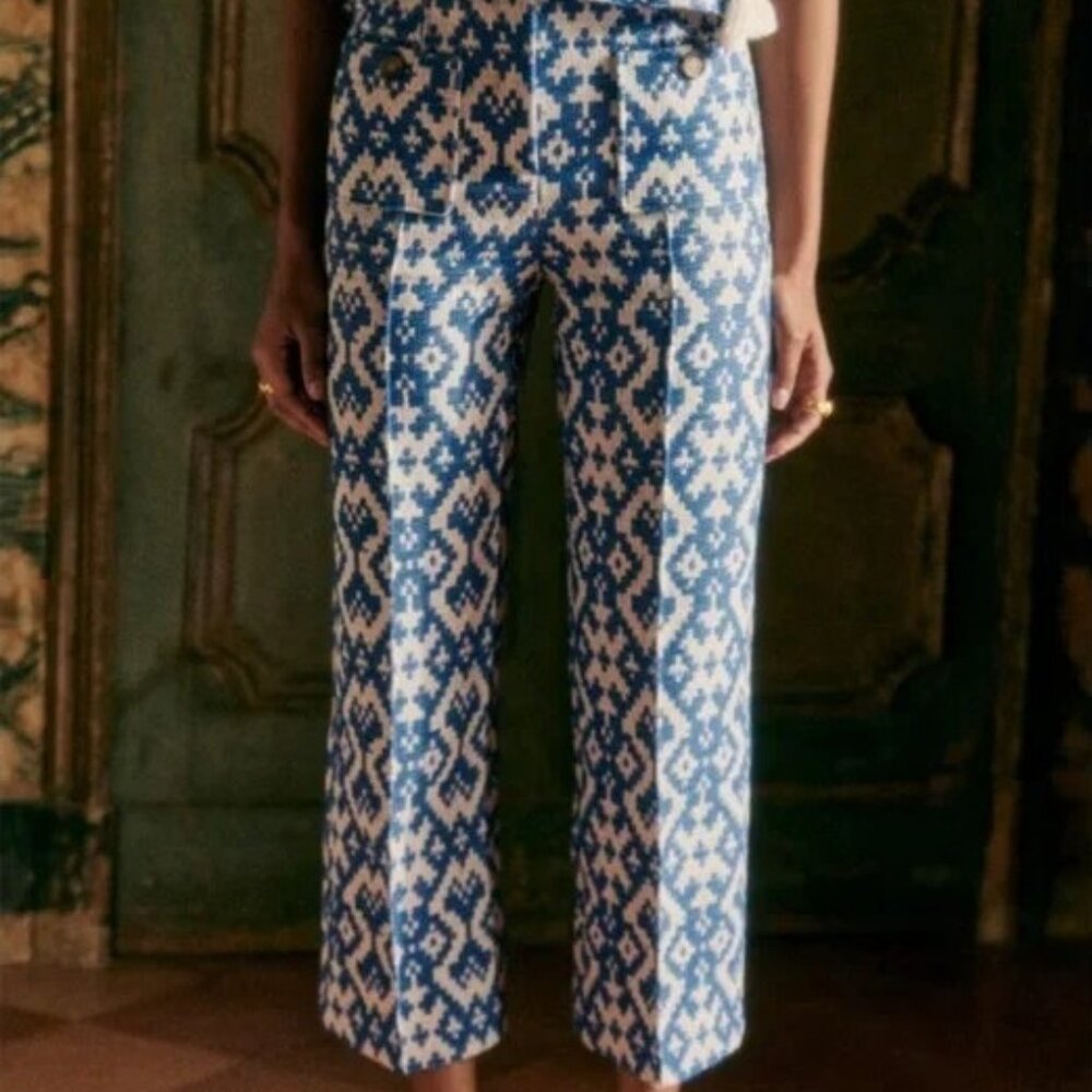 Sezane Emilio Trousers Geo Blue Jacquard - Size 14 - New with Tags (NWT)